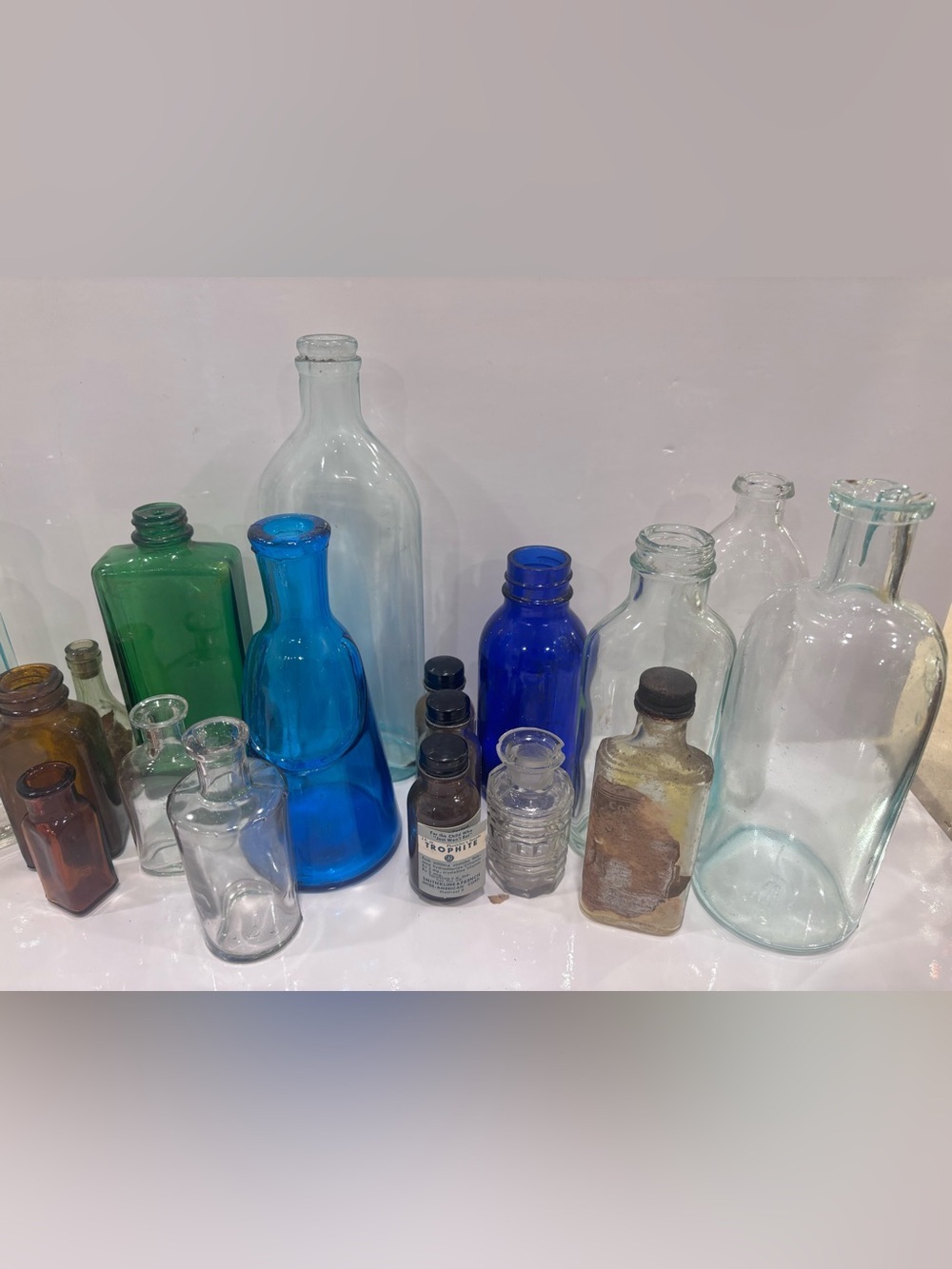 Mixed Vintage apothecary Glass Bottles Collection - Clear, Cobalt & Aqua, Amber